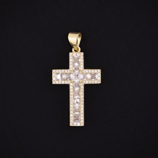 Iced Princess Cut CZ Cross Necklace - Gold