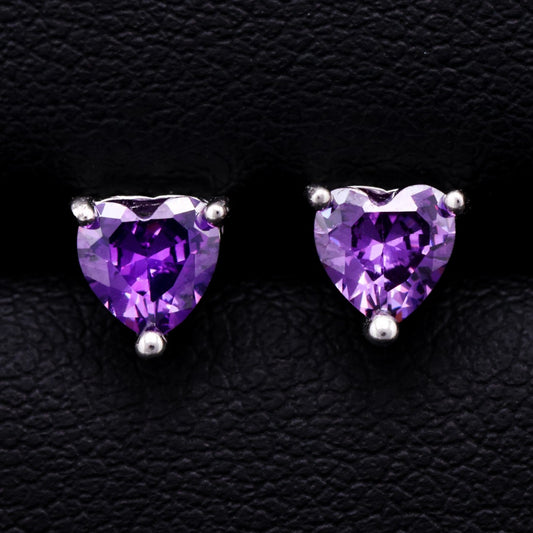 Amethyst Heart Cut Diamond Stud Earrings - 925 Silver