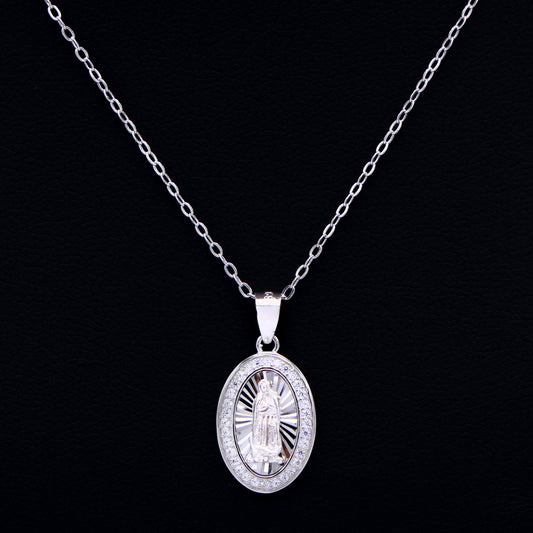 Small Iced Oval Virgin Mary Necklace - 925 Silver
