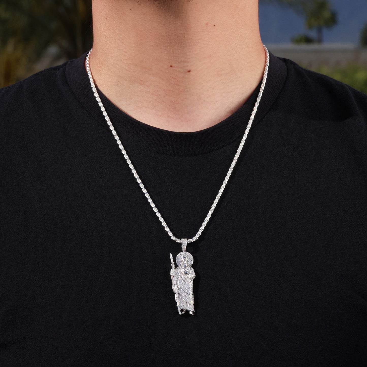 Moissanite Fully Iced Baguette San Judas Pendant - 925 Silver