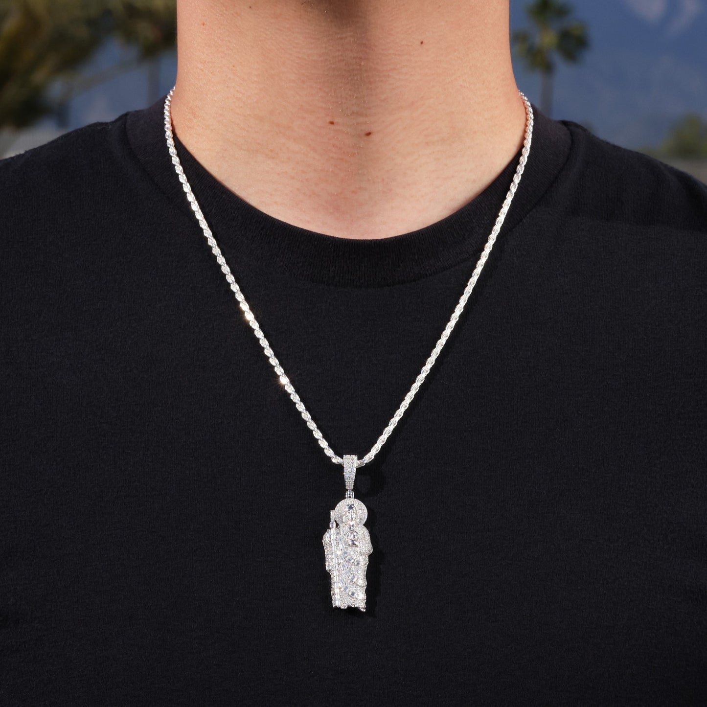 Iced Out Moissanite San Judas Baguette Pendant - 925 Silver