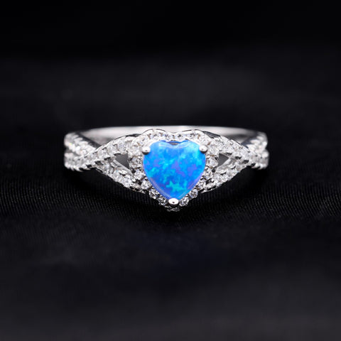 Blue Opal Heart Infinity CZ Diamond Ring - 925 Silver