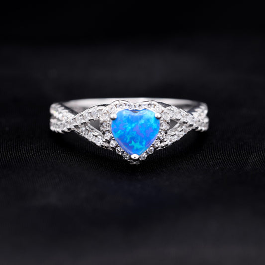 Blue Opal Heart Infinity CZ Diamond Ring - 925 Silver
