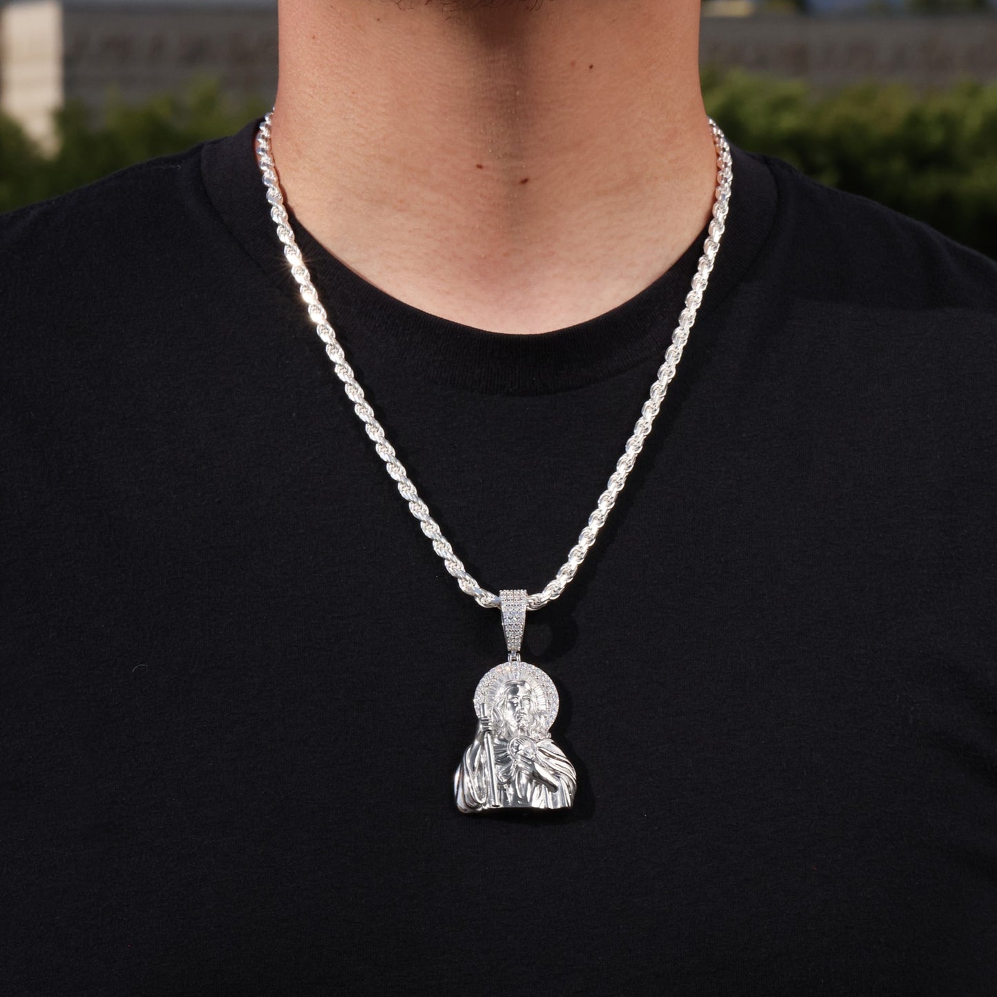 Iced Moissanite Half Body San Judas Baguette Pendant - 925 Silver