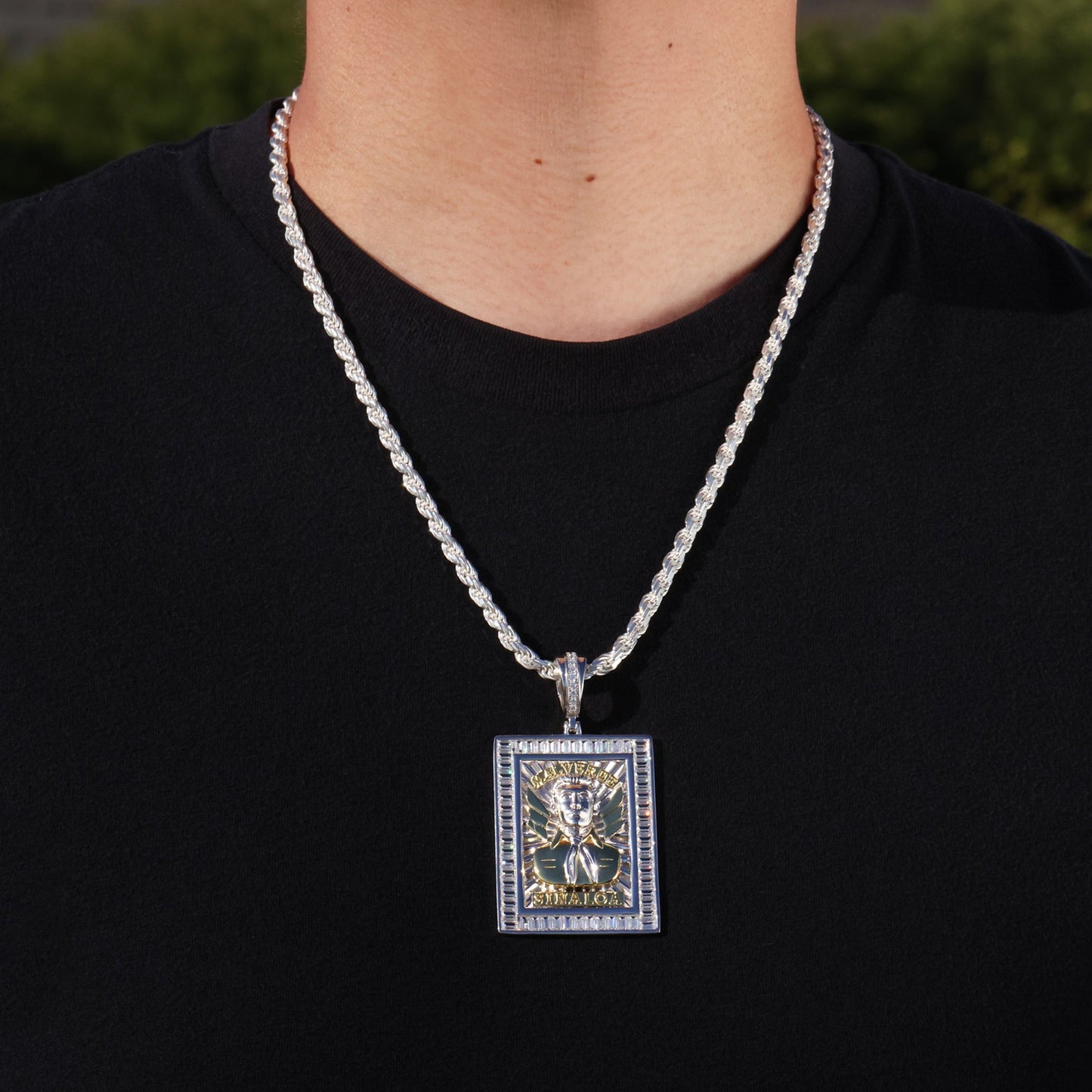 Big Moissanite Jesus Malverde Pendant - 925 Silver