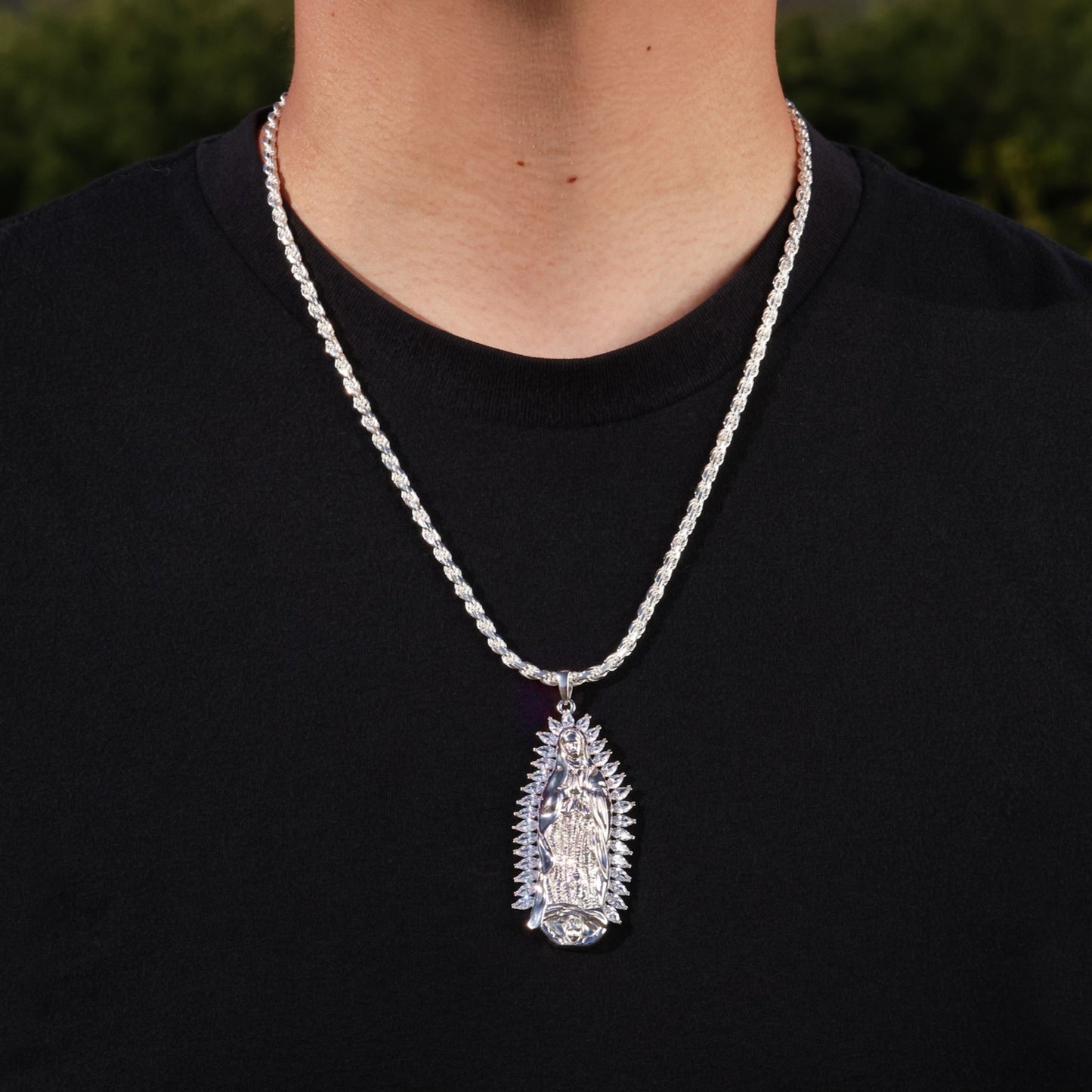 Large Marquise Diamond Lady of Guadalupe Pendant - 925 Silver