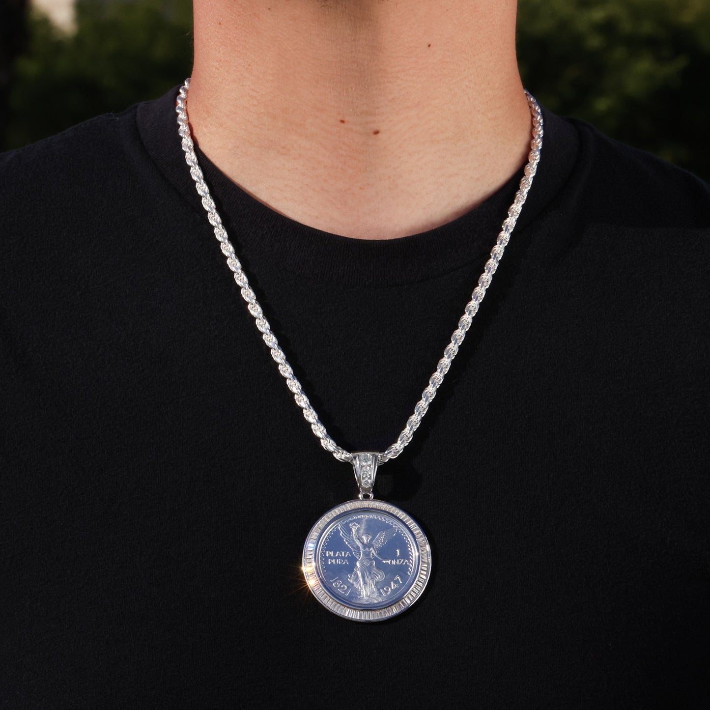 Iced Moissanite Baguette Bezel Centenario Pendant - 925 Silver