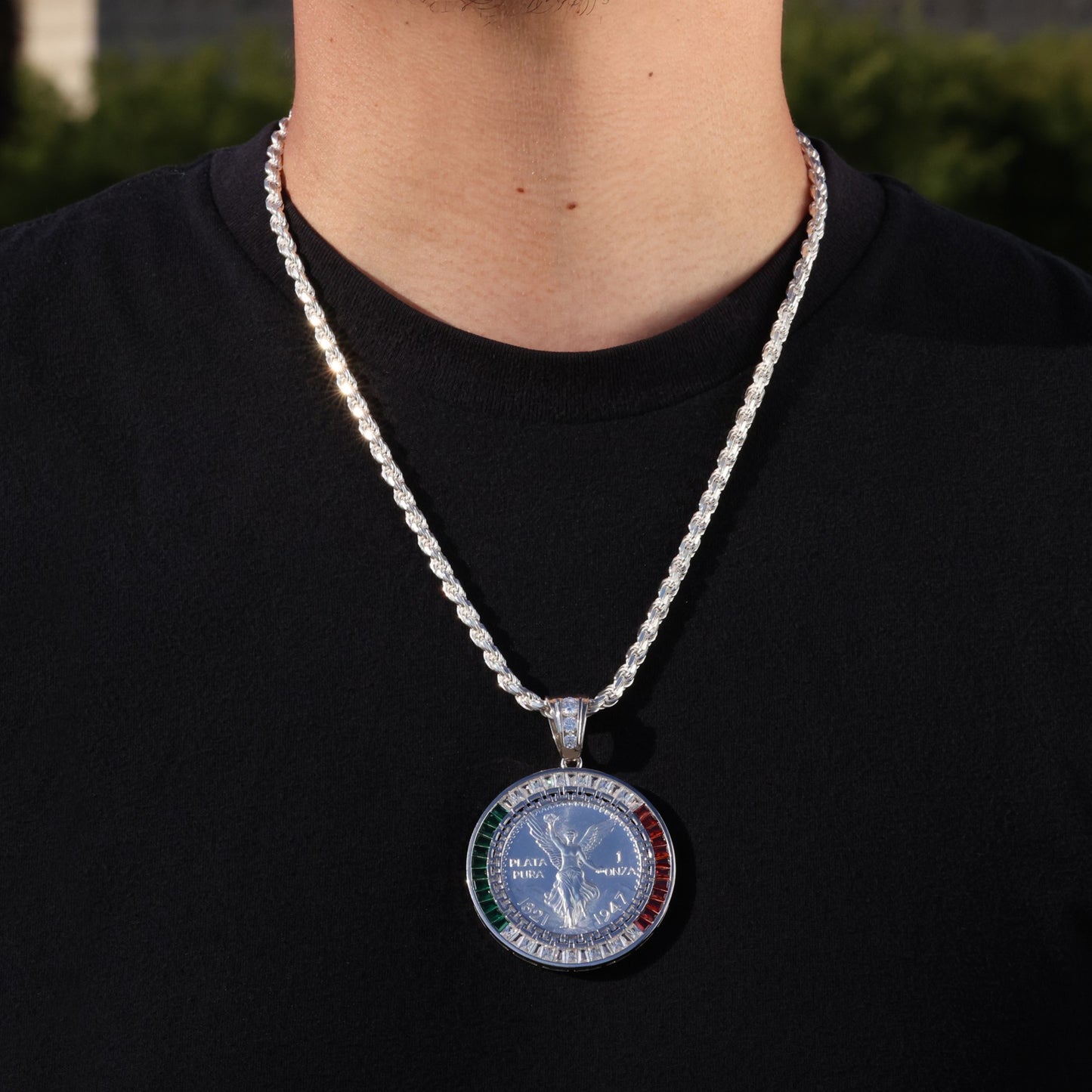 3 Color Baguette Bezel Centenario Pendant - 925 Silver