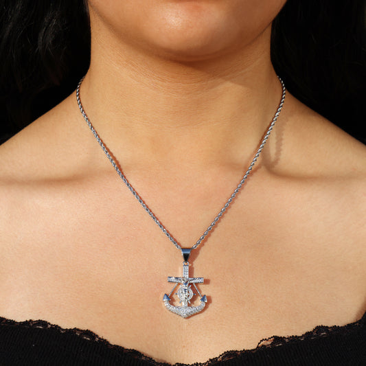 Icy Jesus Anchor Necklace - White Gold