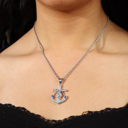 Icy Jesus Anchor Necklace - White Gold