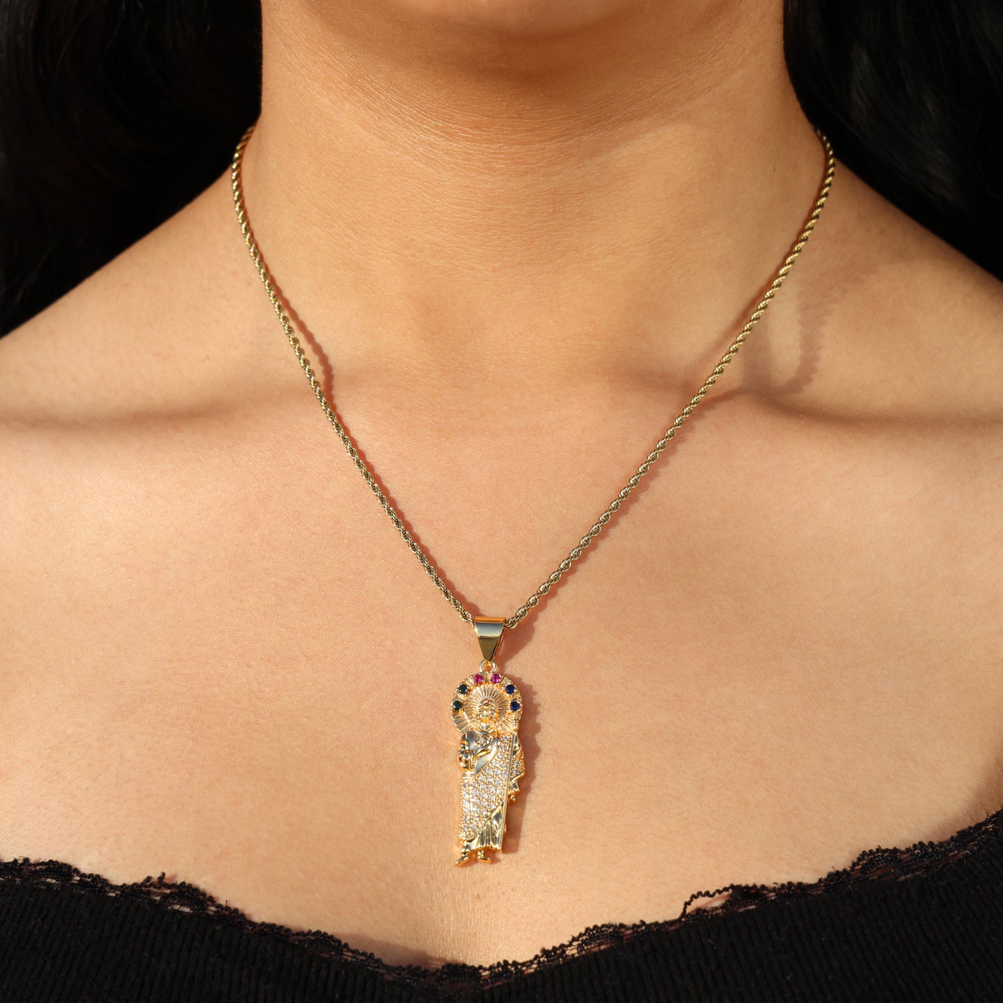 Multi-Color Halo San Judas Necklace - Gold