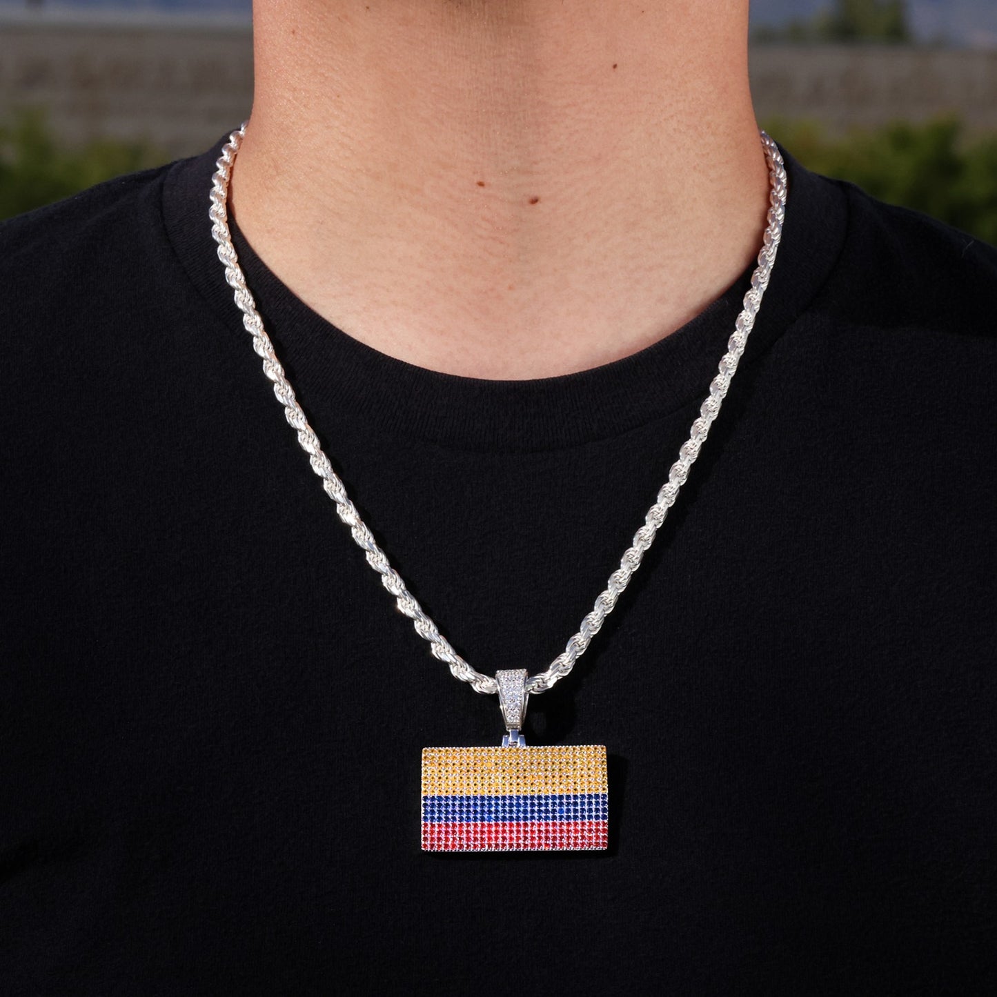 Iced Out Colombia Flag Pendant - 925 Silver