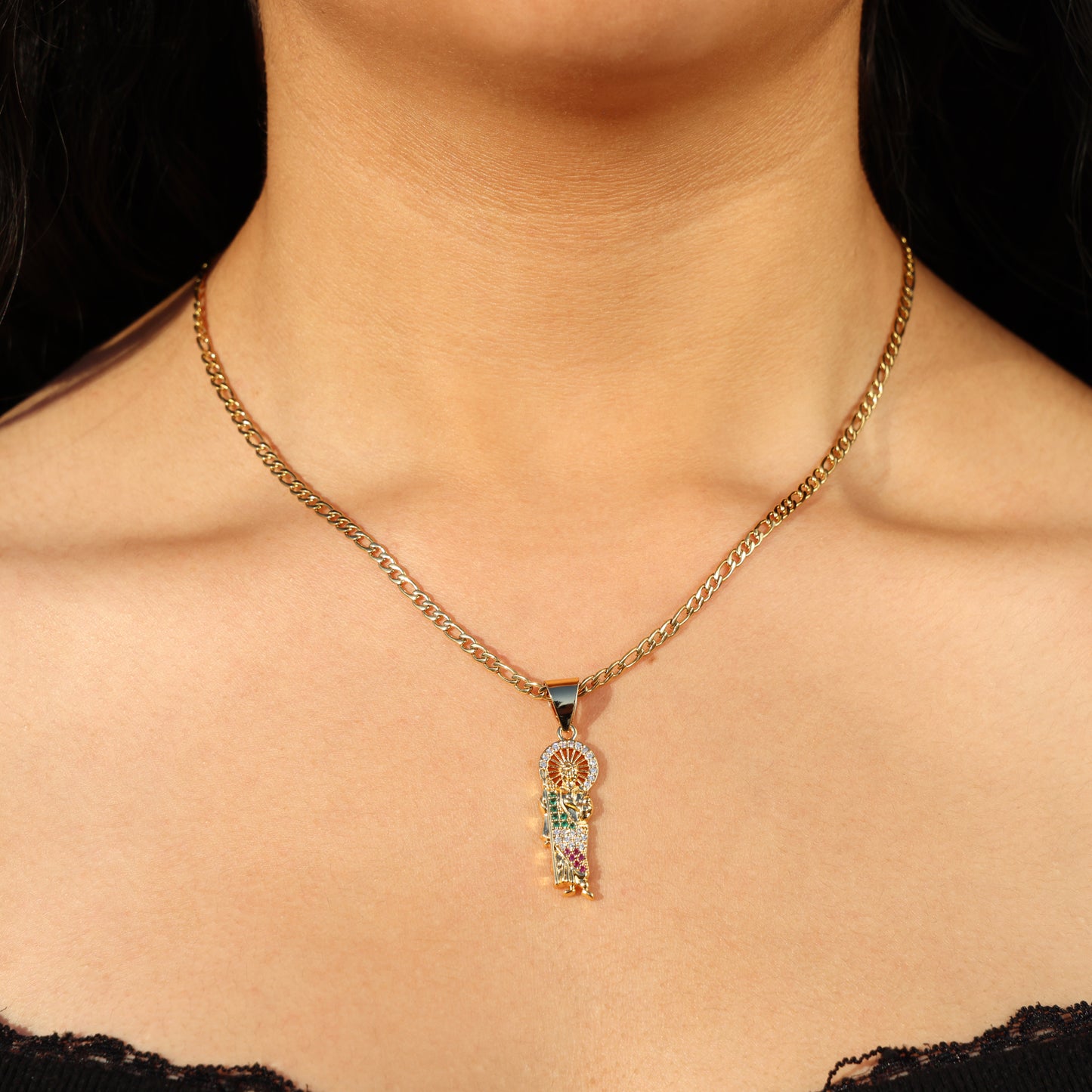 Small Iced 3 Color San Judas Necklace - Gold