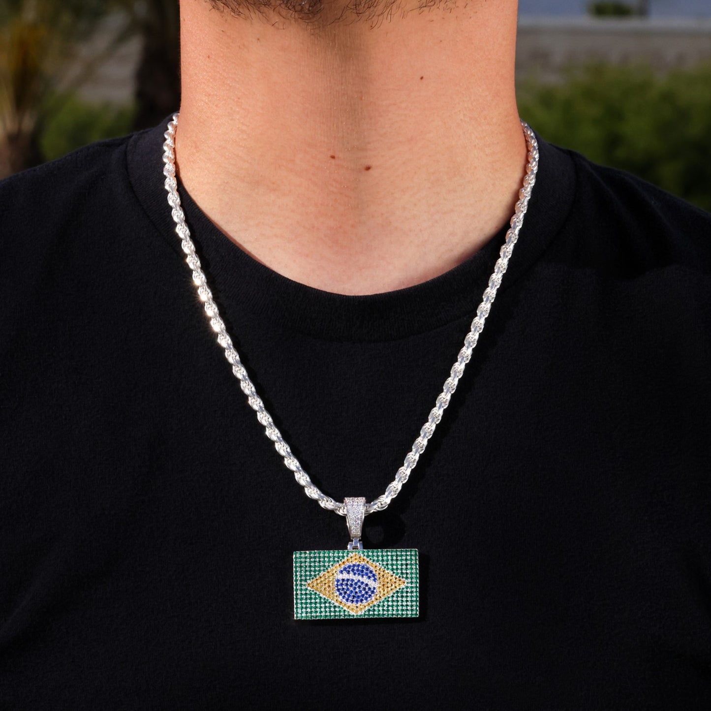 Iced Out Brazil Flag Pendant - 925 Silver