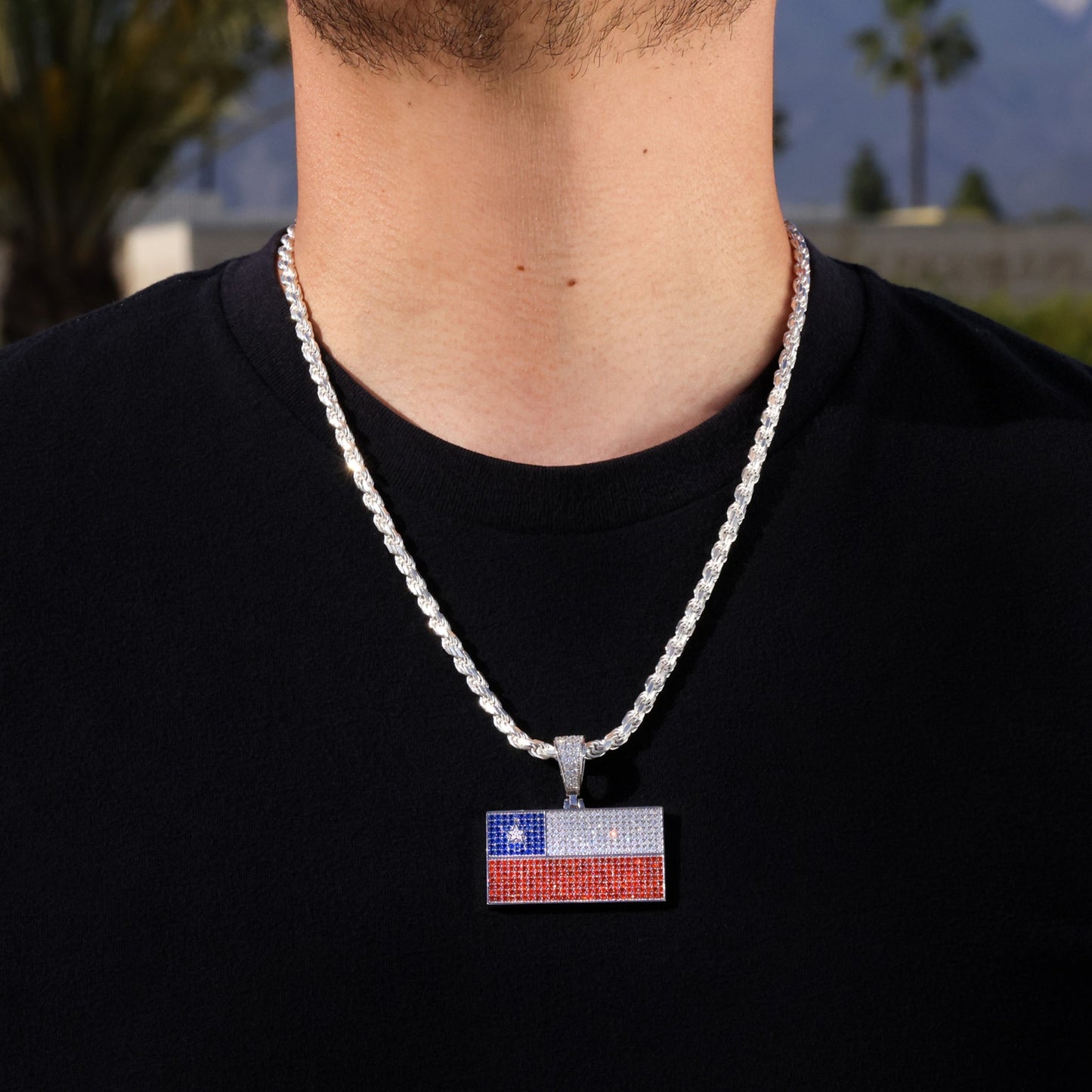 Iced Out Chile Flag Pendant - 925 Silver