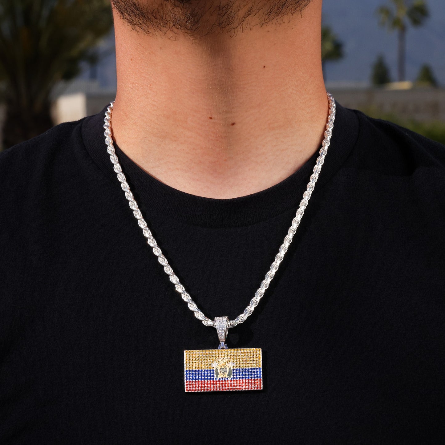 Iced Out Ecuador Flag Pendant - 925 Silver