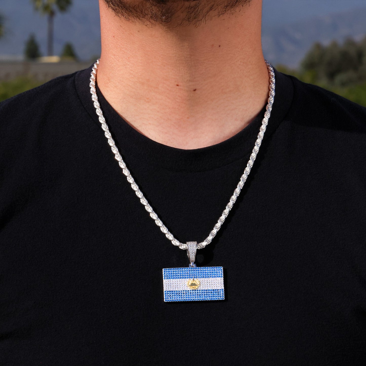 Iced Out El Salvador Flag Pendant - 925 Silver