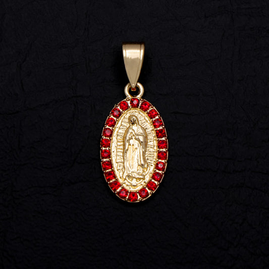 Virgin Mary Oval w/ Red Stones Necklace - Gold