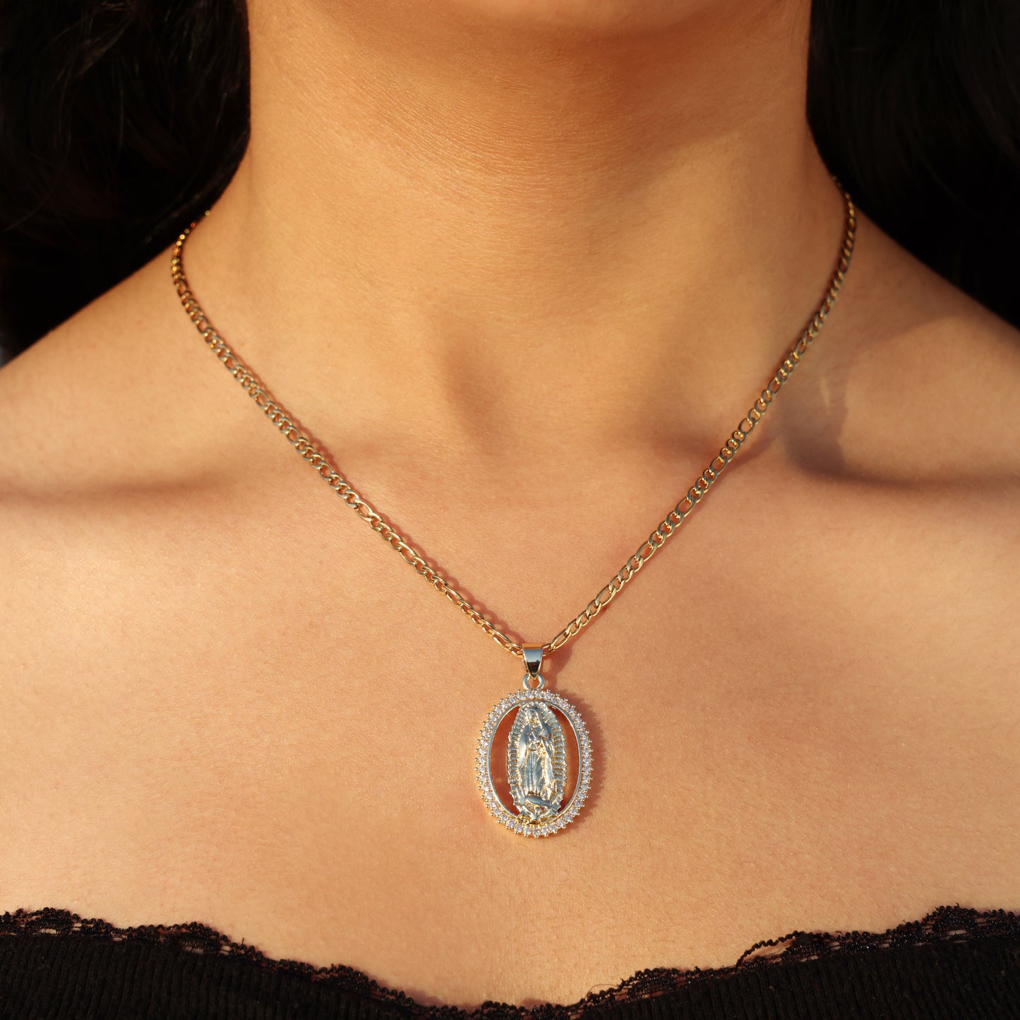 Lady of Guadalupe Oval CZ Necklace - Gold