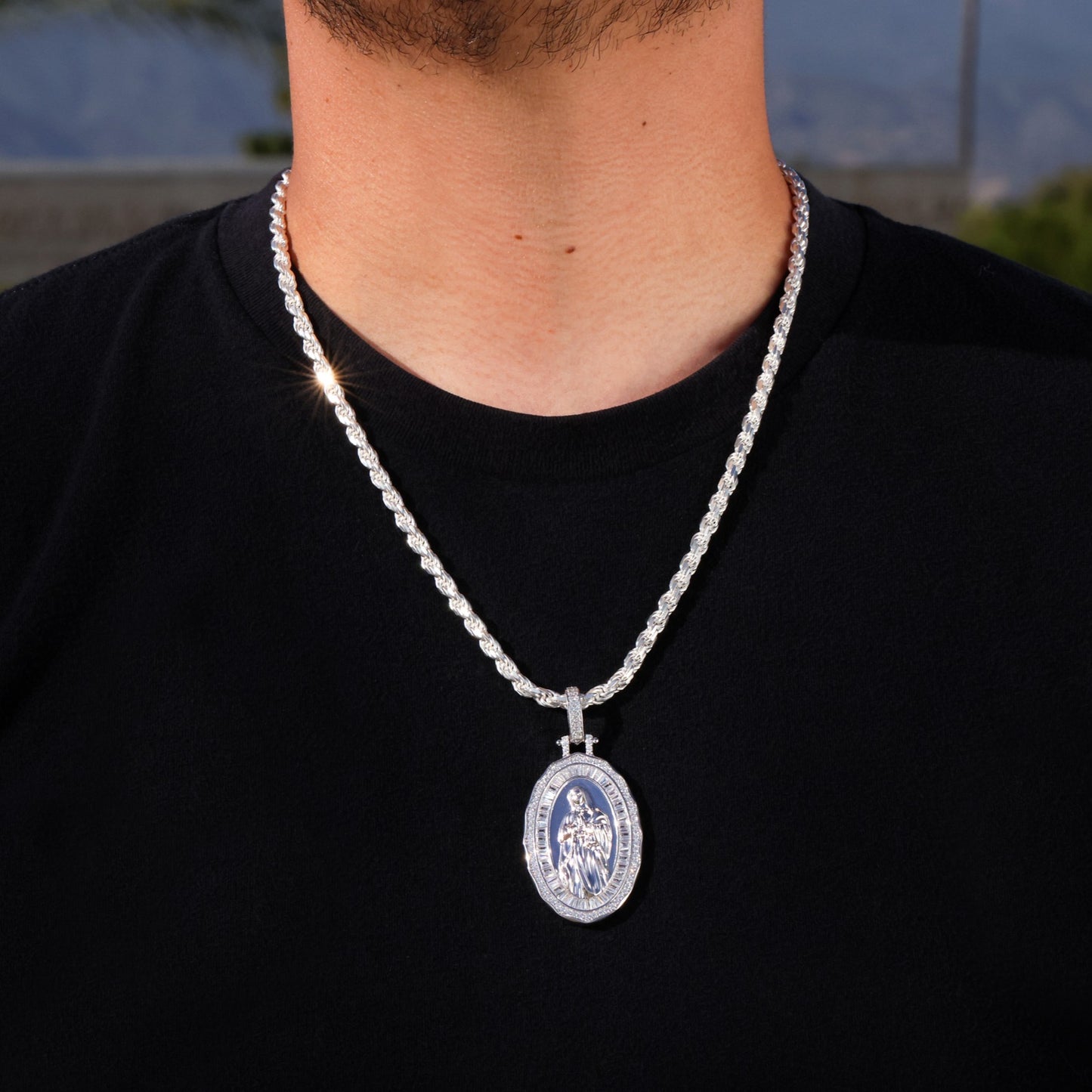 Iced Baguette Lady of Guadalupe Pendant - 925 Silver