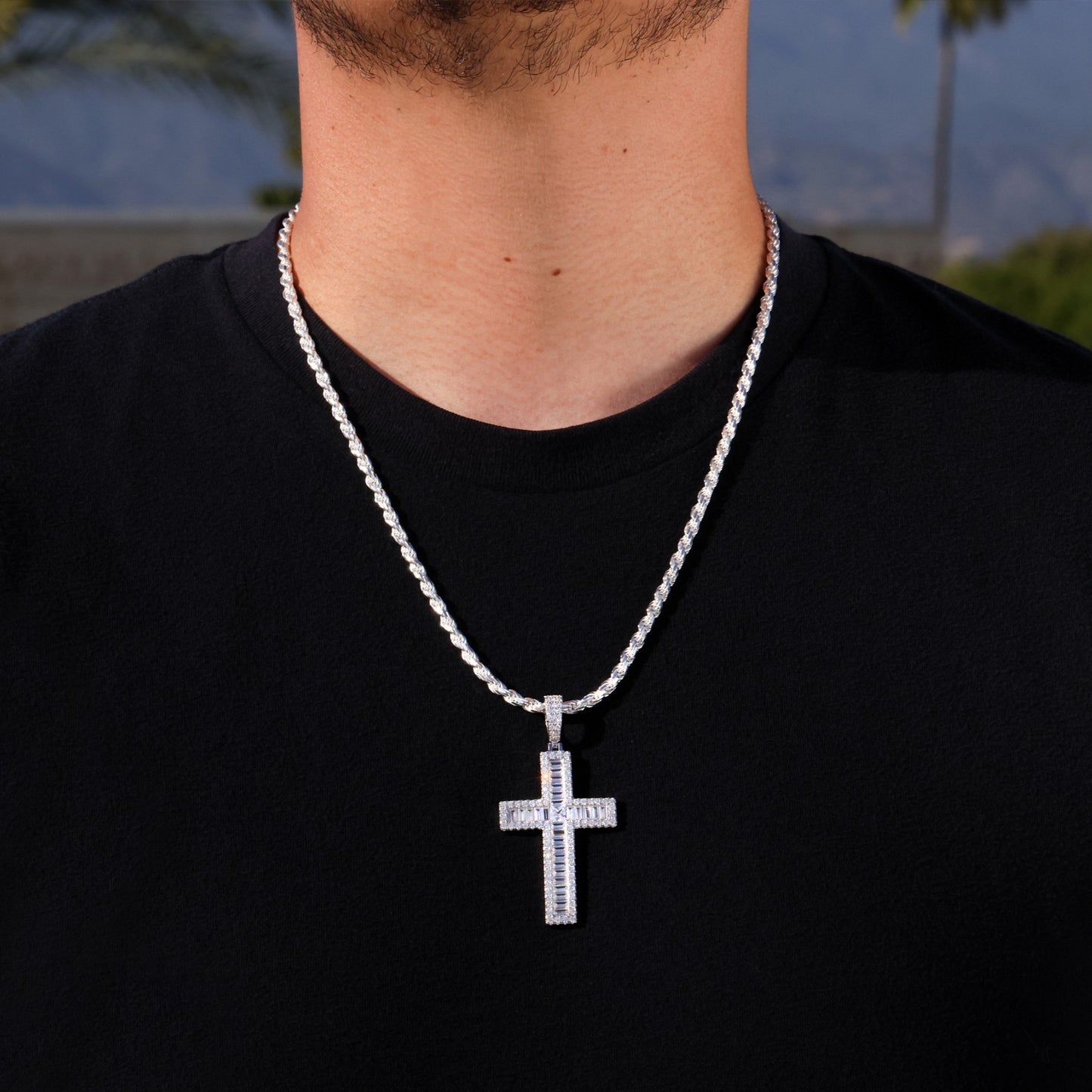 Iced Out Baguette Cross Pendant - 925 Silver