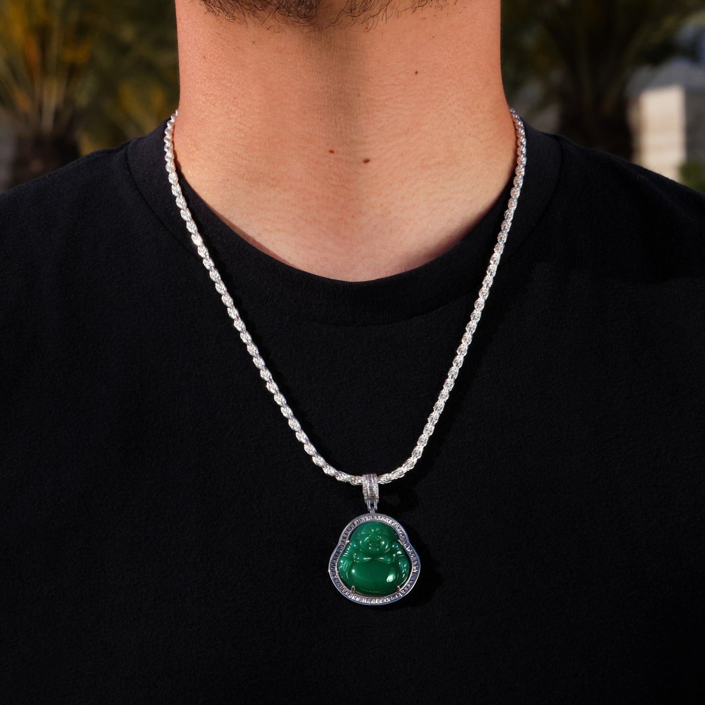 Green Buddha Baguette Pendant - 925 Silver