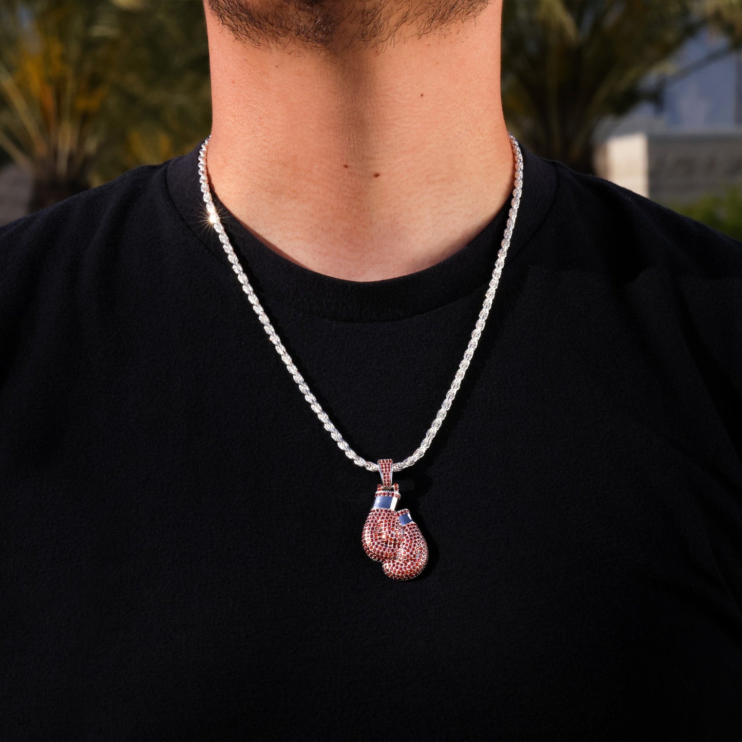Iced Out Red Boxing Gloves Pendant - 925 Silver