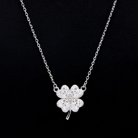 Small Iced Four Leaf Clover Necklace - 925 Silver