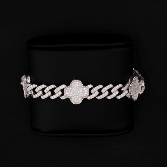 10mm Moissanite Clover Cuban Bracelet - 925 Silver
