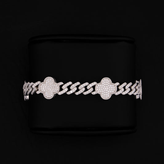 8mm Moissanite Clover Cuban Bracelet - 925 Silver