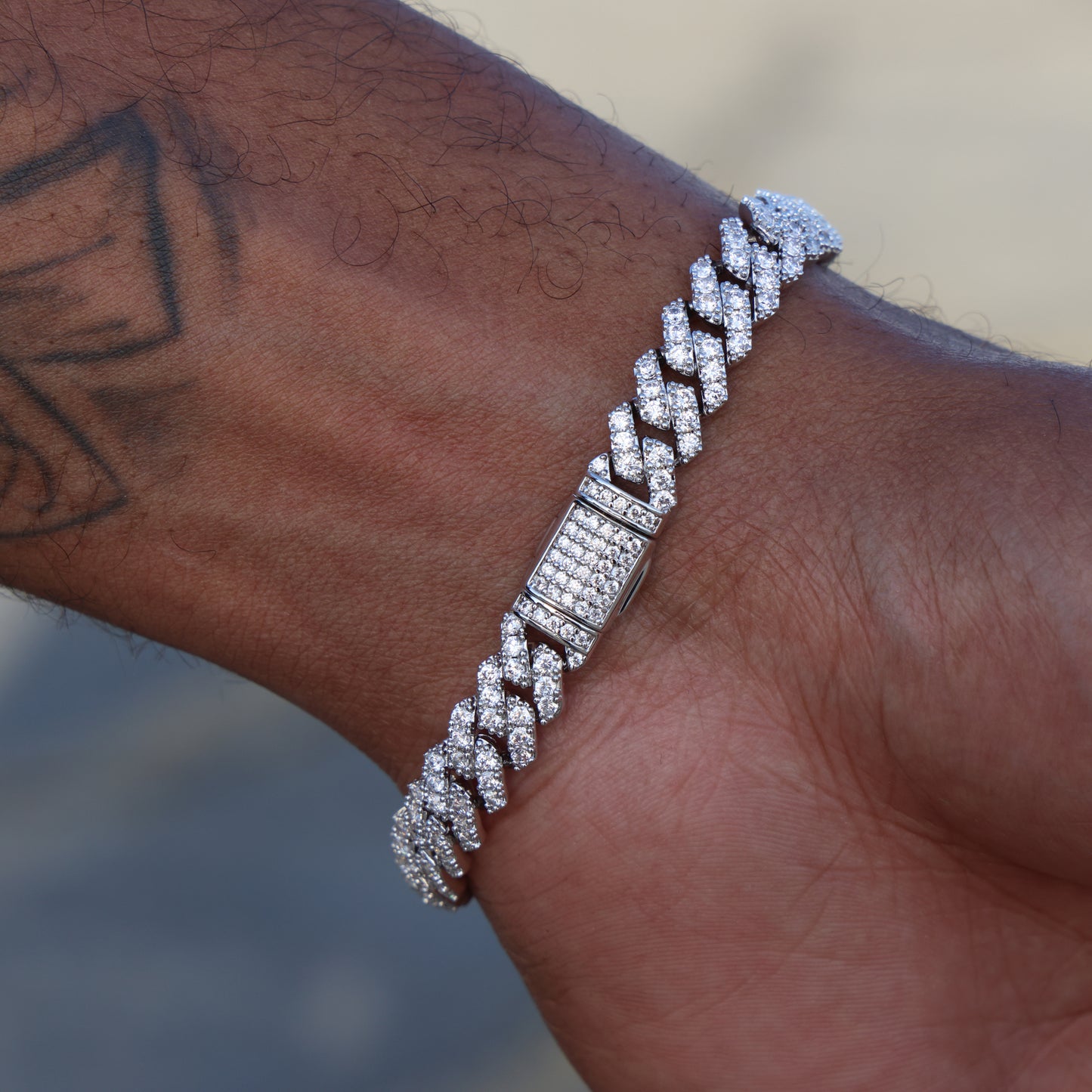 8mm Diamond Prong Link Cuban Bracelet - White Gold