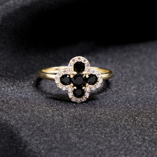 Iced Black Clover Ring - 14k Gold