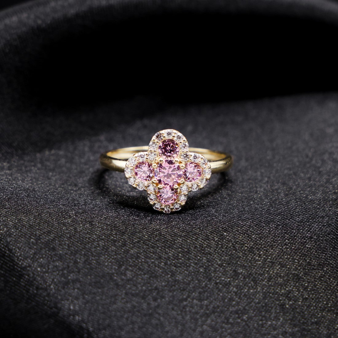 Iced Pink Clover Ring - 14k Gold