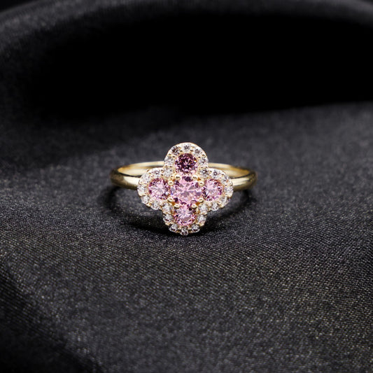 Iced Pink Clover Ring - 14k Gold