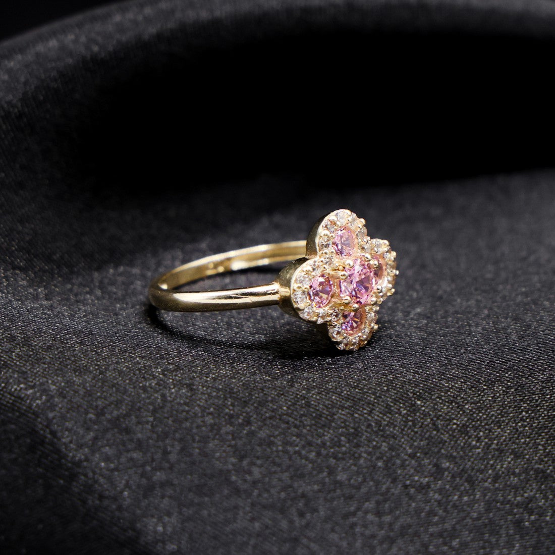 Iced Pink Clover Ring - 14k Gold