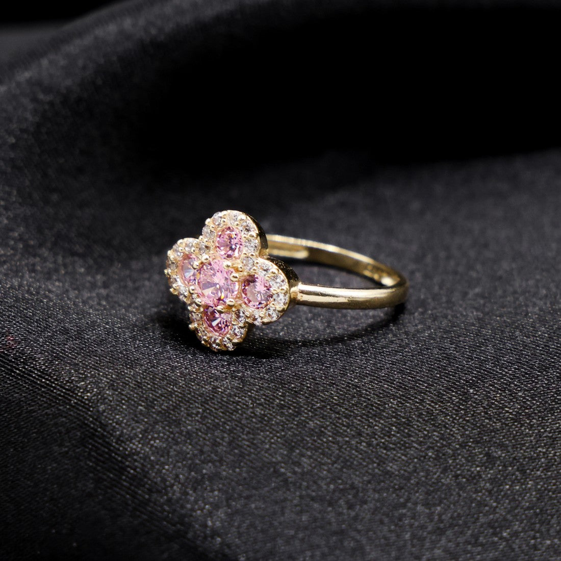 Iced Pink Clover Ring - 14k Gold