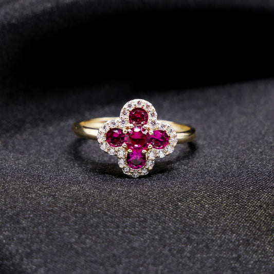 Iced Magenta Clover Ring - 14k Gold