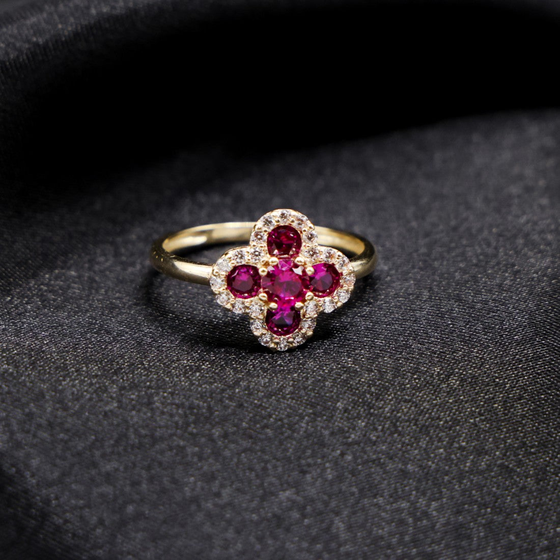 Iced Magenta Clover Ring - 14k Gold