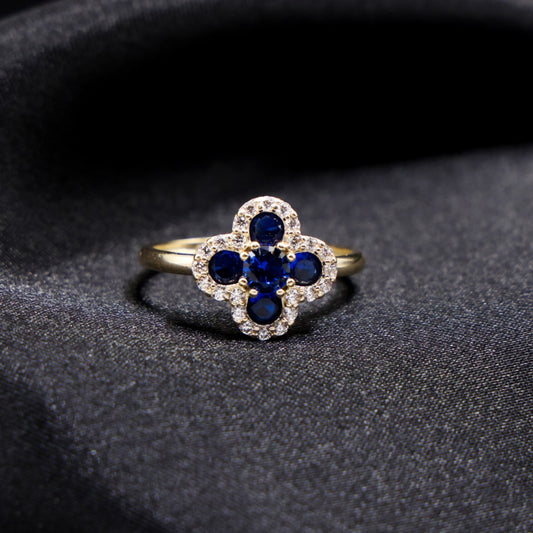 Iced Blue Clover Ring - 14k Gold