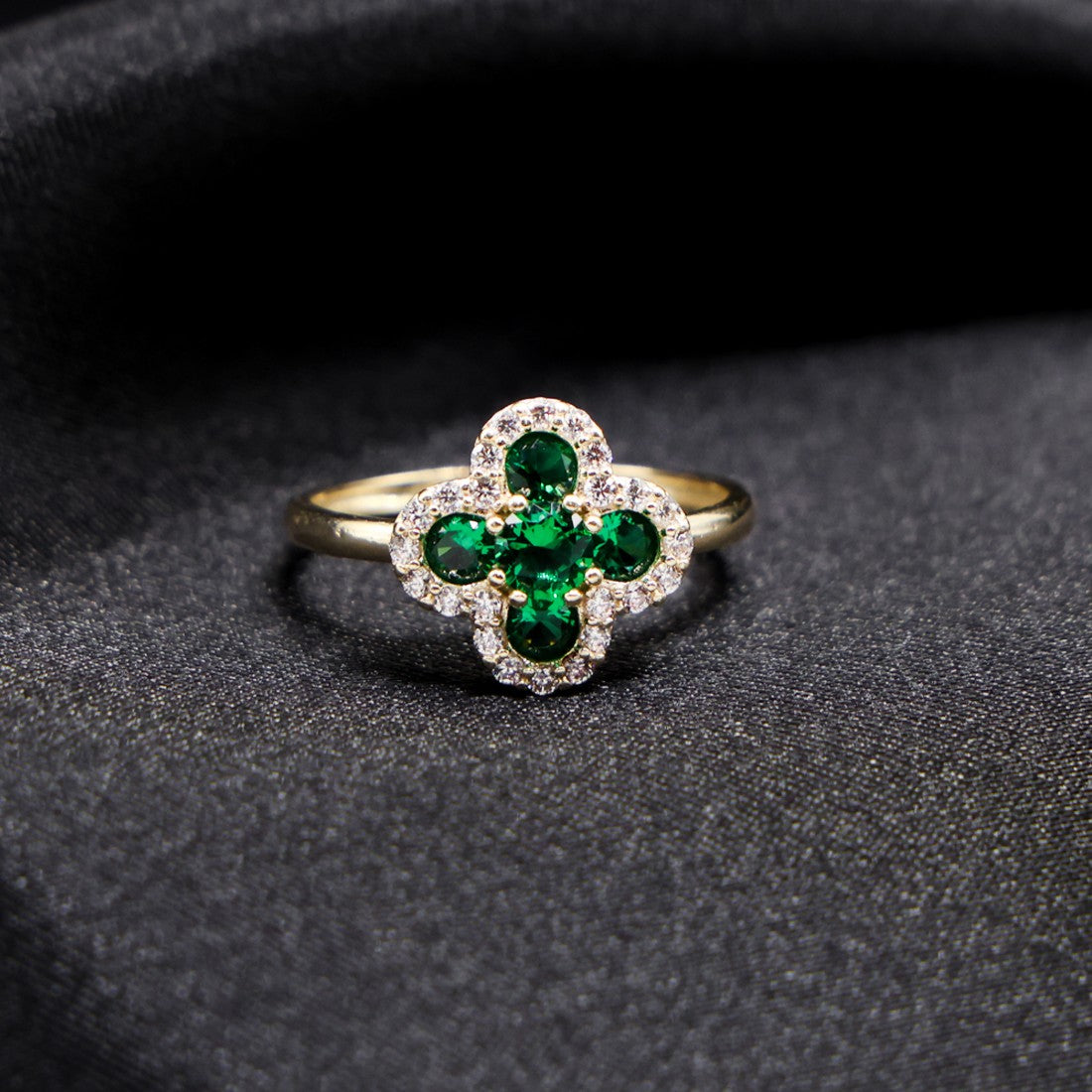 Iced Green Clover Ring - 14k Gold