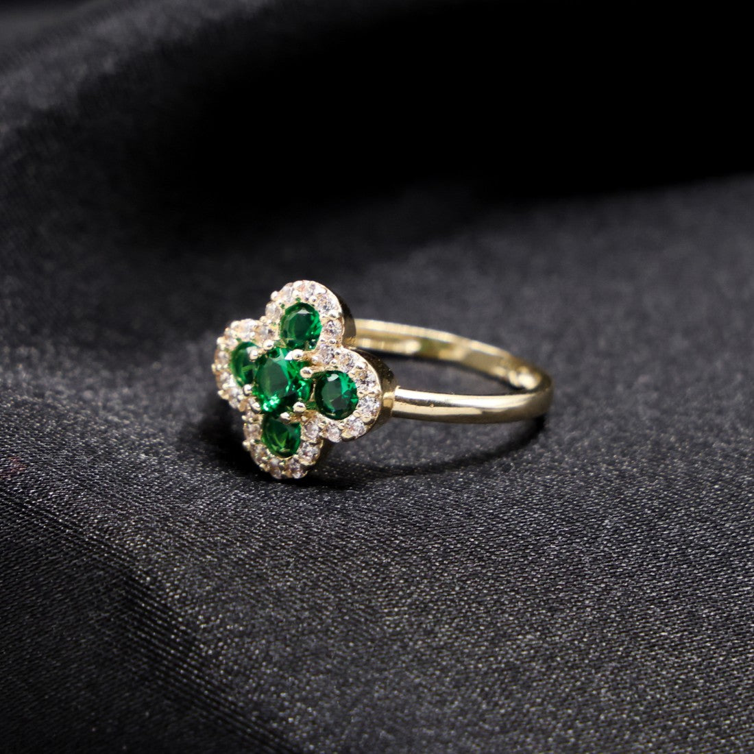 Iced Green Clover Ring - 14k Gold