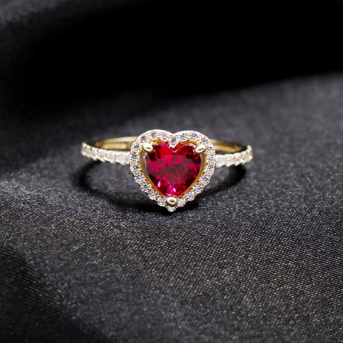 Iced Red Heart Ring - 14k Gold