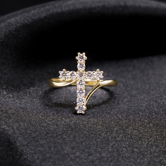 Iced Cross Ring - 14k Gold