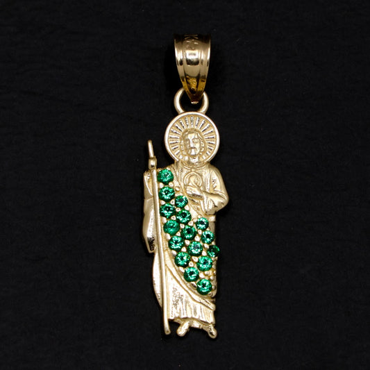 Small Green Iced San Judas Pendant - 14k Gold