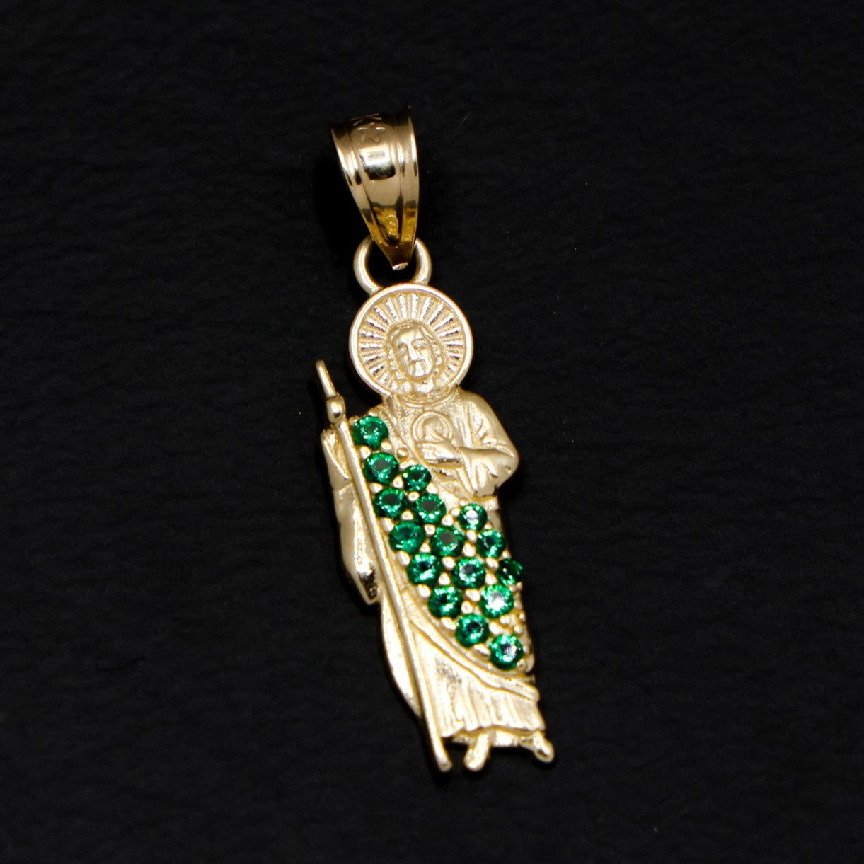 Small Green Iced San Judas Pendant - 14k Gold