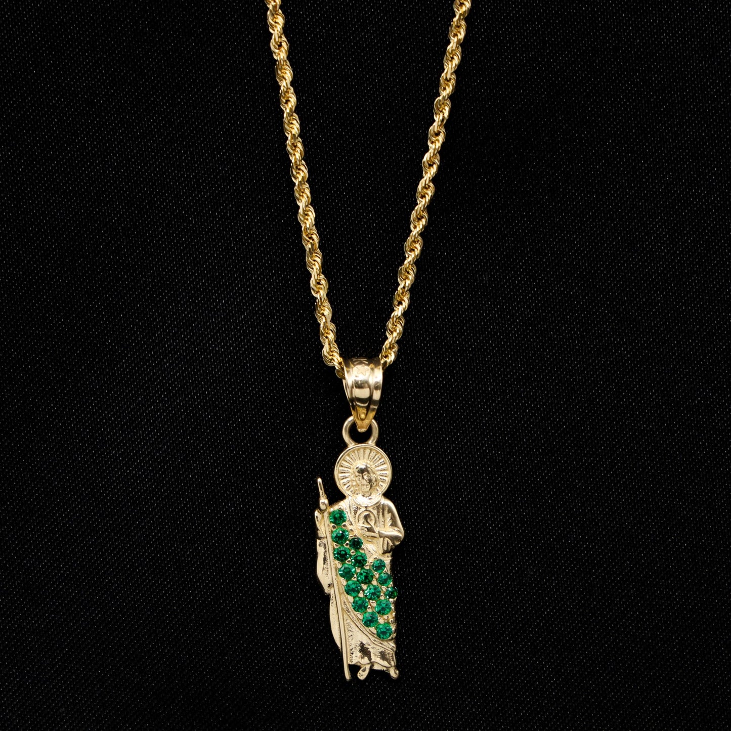 Small Green Iced San Judas Pendant - 14k Gold