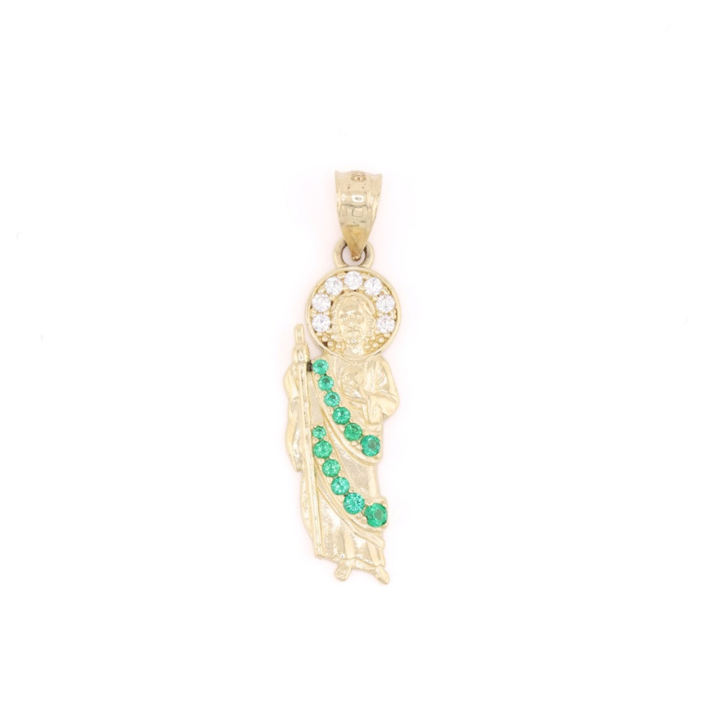 Iced San Judas w/ Green Stones Pendant - 10k Gold