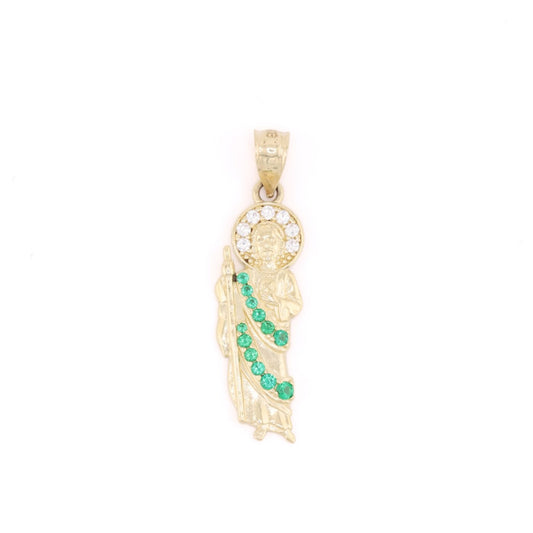 Iced San Judas w/ Green Stones Pendant - 10k Gold