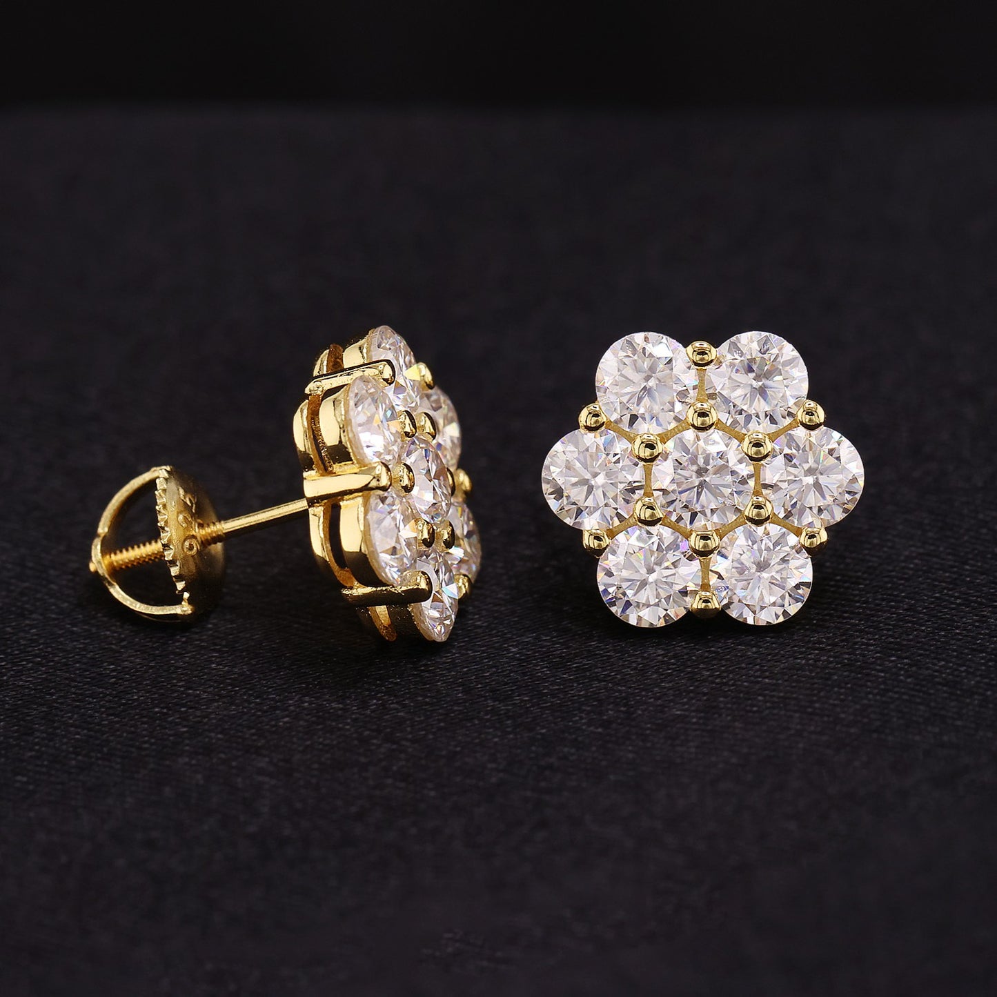 12mm Iced out Moissanite Flower Stud Earrings - Gold over 925 Silver