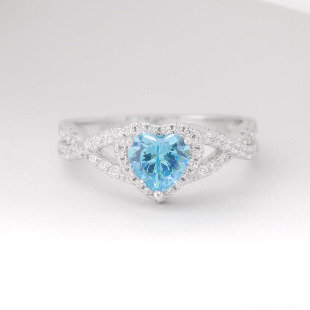 Aqua Blue Heart Infinity CZ Diamond Ring - 925 Silver
